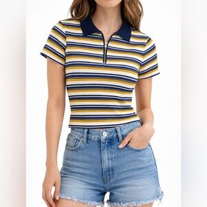 Purple Snow Vintage Cropped Zip Polo Top M Blue Mustard Y2K